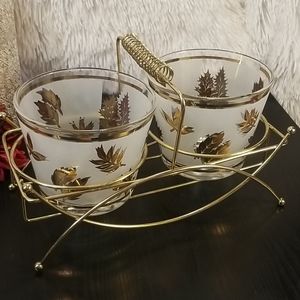 Rare Libbey Golden Foliage Double Ice Bucket with Gold Rack